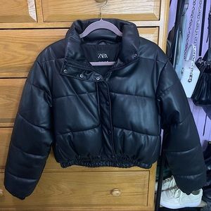 Zara Faux Leather Cropped Puffer Jacket
